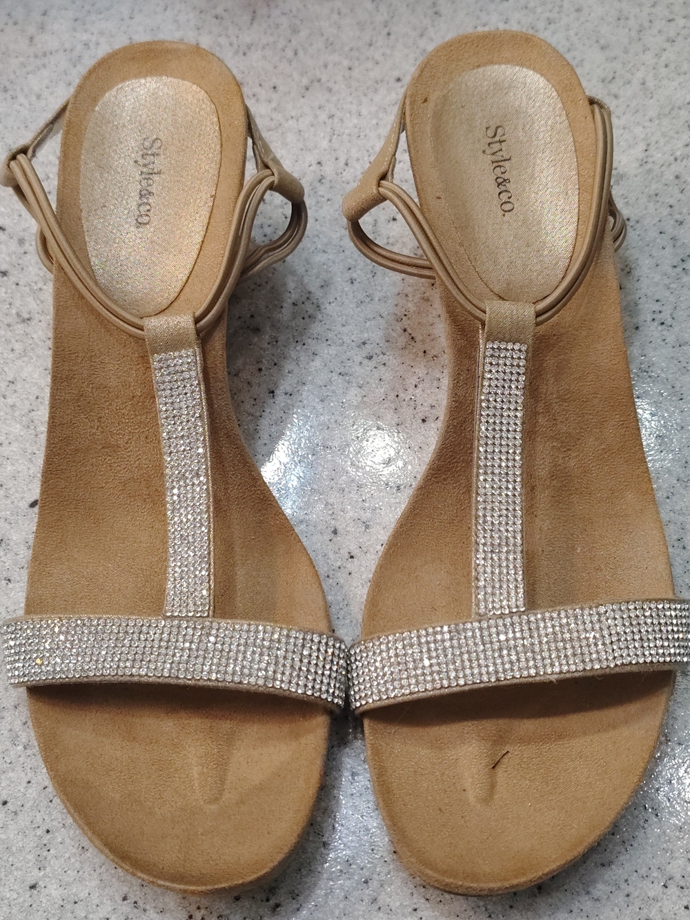 Style & Co.✨Tan Rhinestone T-Strap Sandals